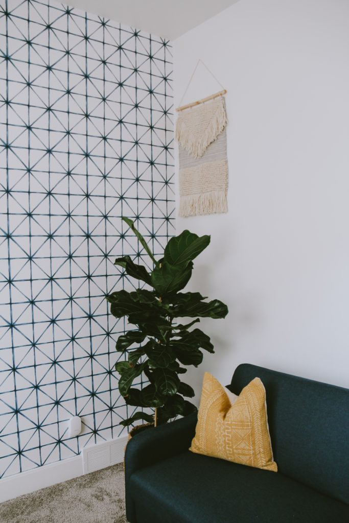 home office with fiddle fig plant 