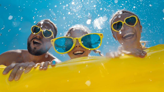 A family going down a waterslide on a tube.